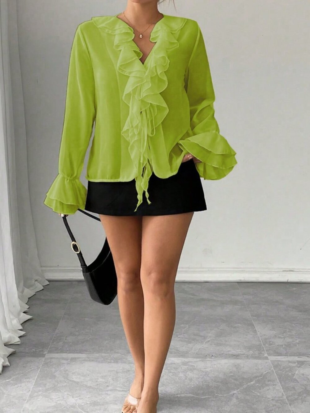 Green Casual Women's Chiffon Lantern Sleeve V-Neck Tie Front Loose Blouse - Picture 3 of 6